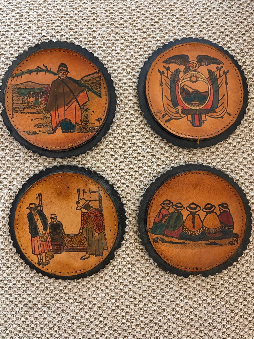 Vintage Ecuadorian Hand-Tooled Leather Coasters|Set of 4 Artesian Barware Decor
